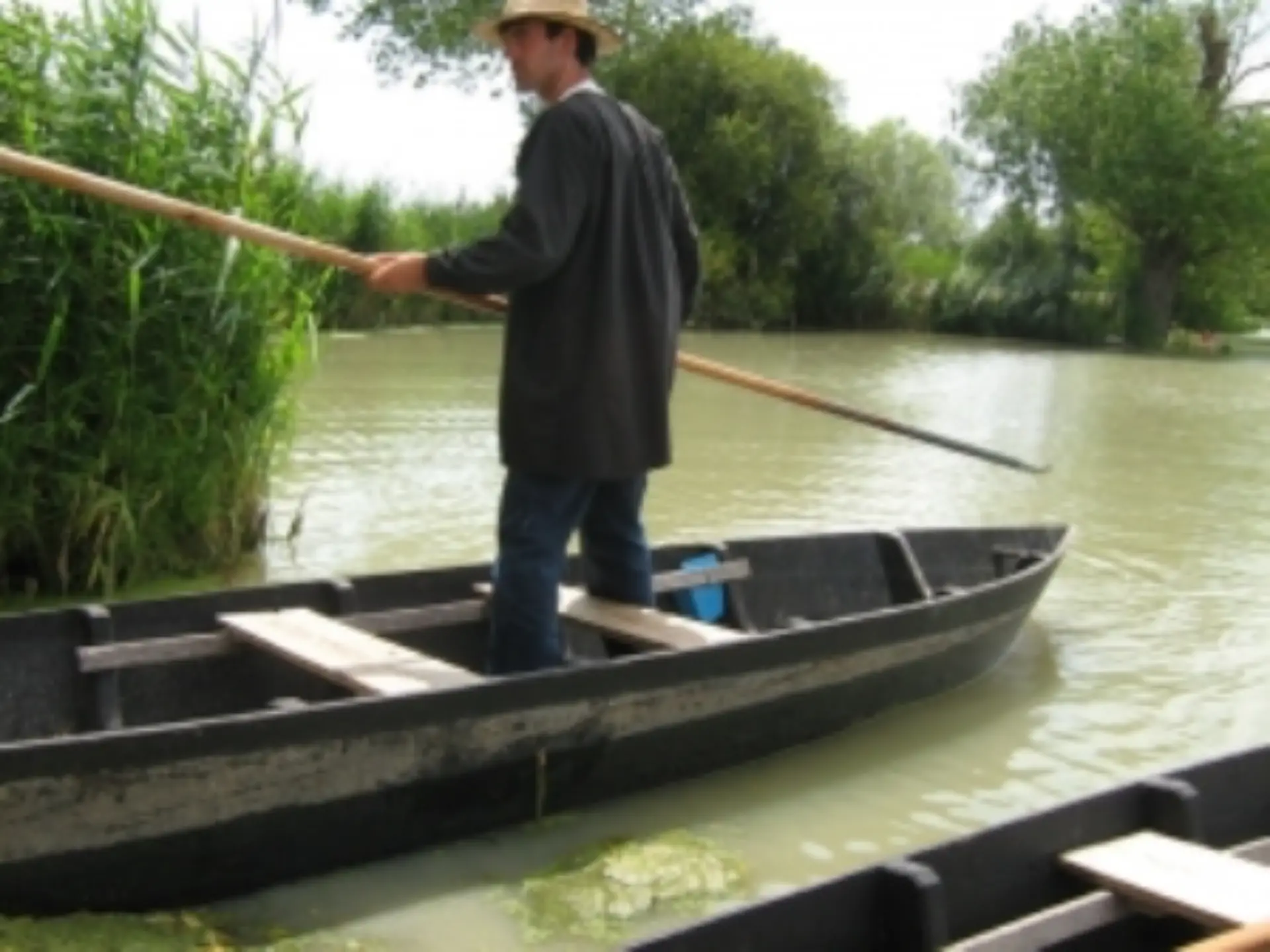 Homme naviguant sur une barque en rivière verdoyante.