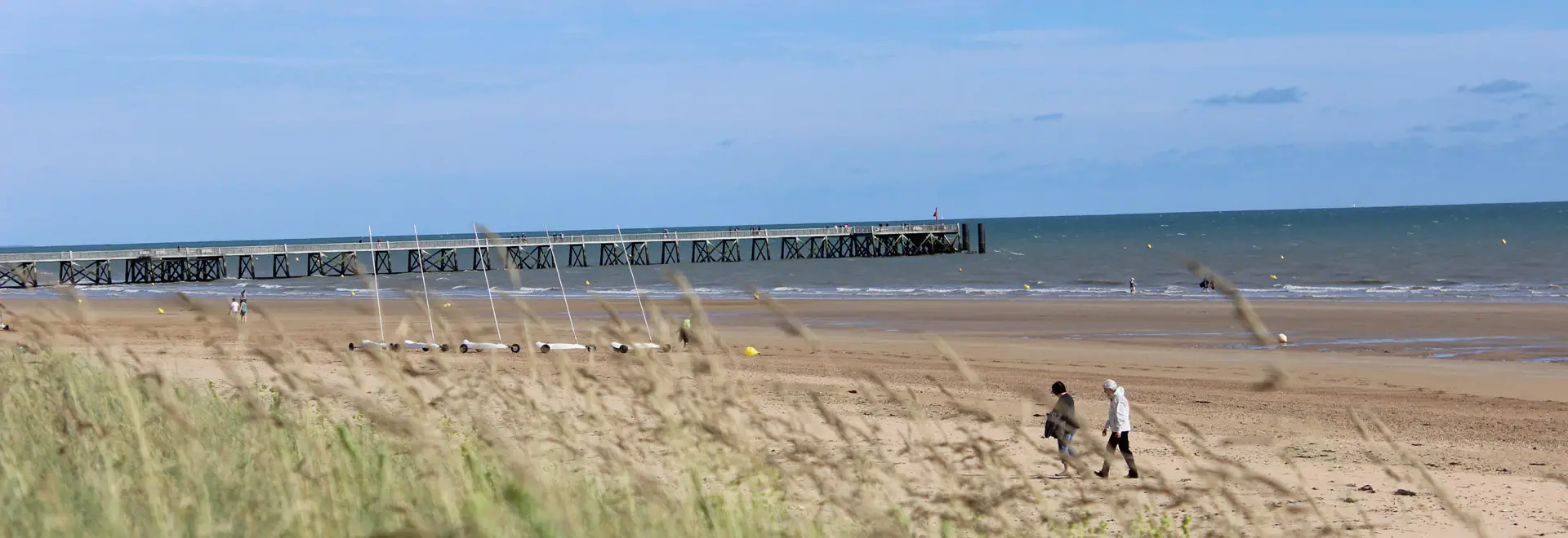 Plage avec jetée en arrière-plan et promeneurs