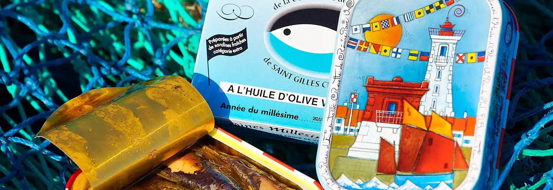 Boîtes de sardines colorées sur filet de pêche