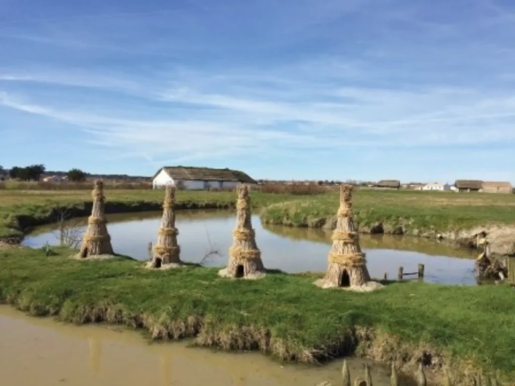 Structures en paille près d'un étang rural.