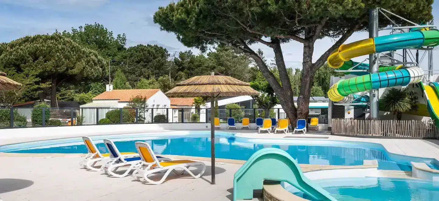 Piscine avec toboggan aquatique dans un parc.