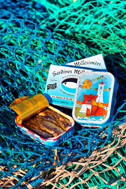Boîte de sardines sur filet de pêche.